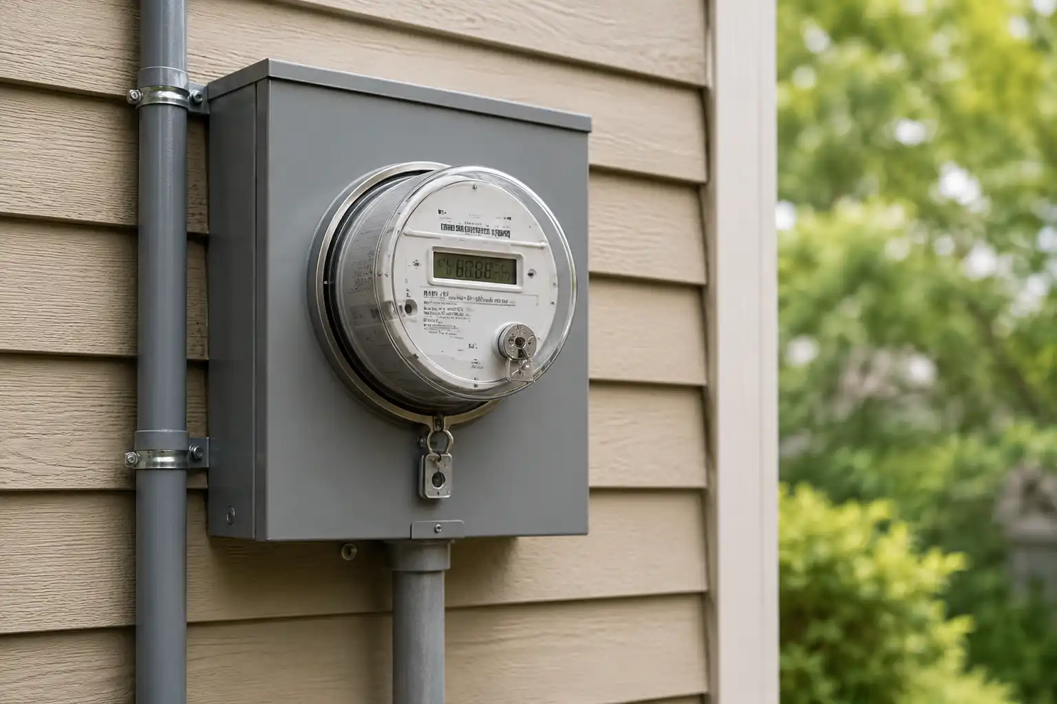 Electric utility meter on the exterior wall of a property
