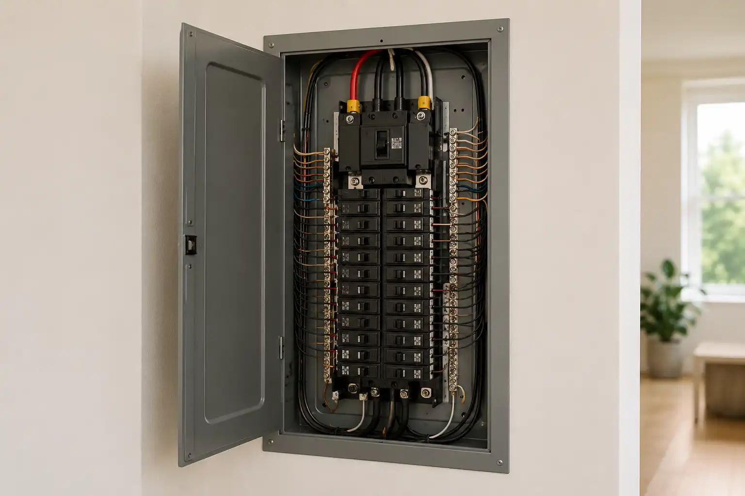 Residential electrical panel with labeled breakers