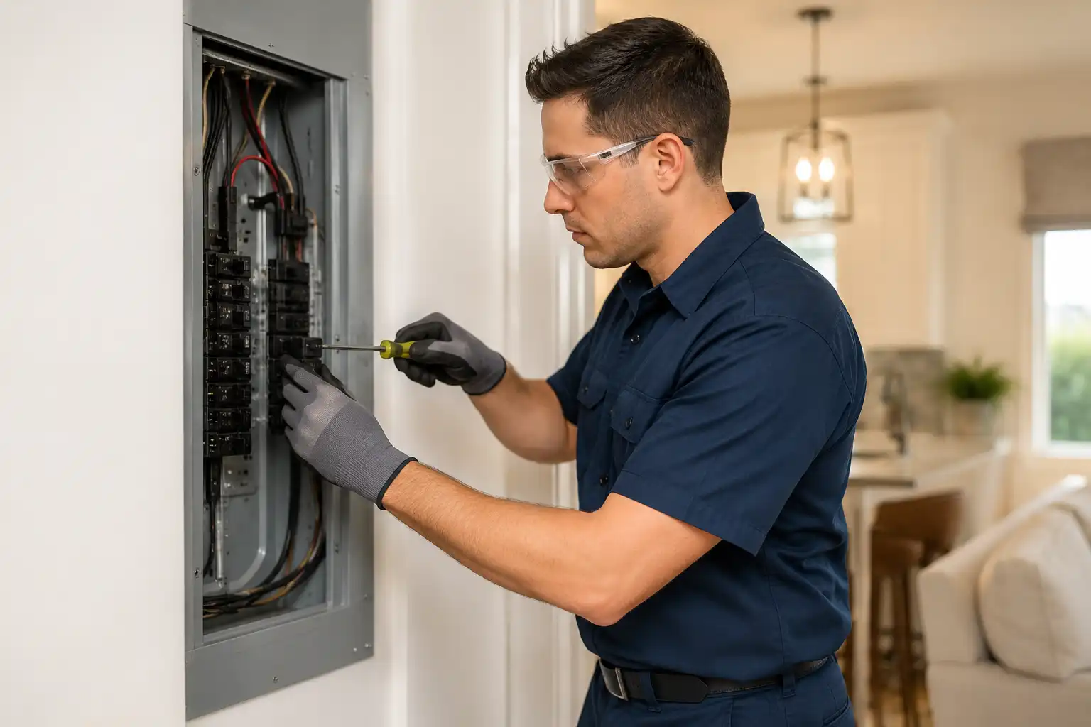 Electrician inspecting an electrical panel and diagnosing the issue